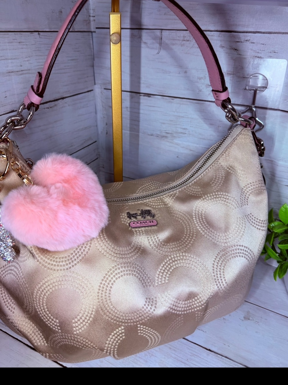 Coach Beige Signature Hobo with Pink Handle and Pom-Pom Charm